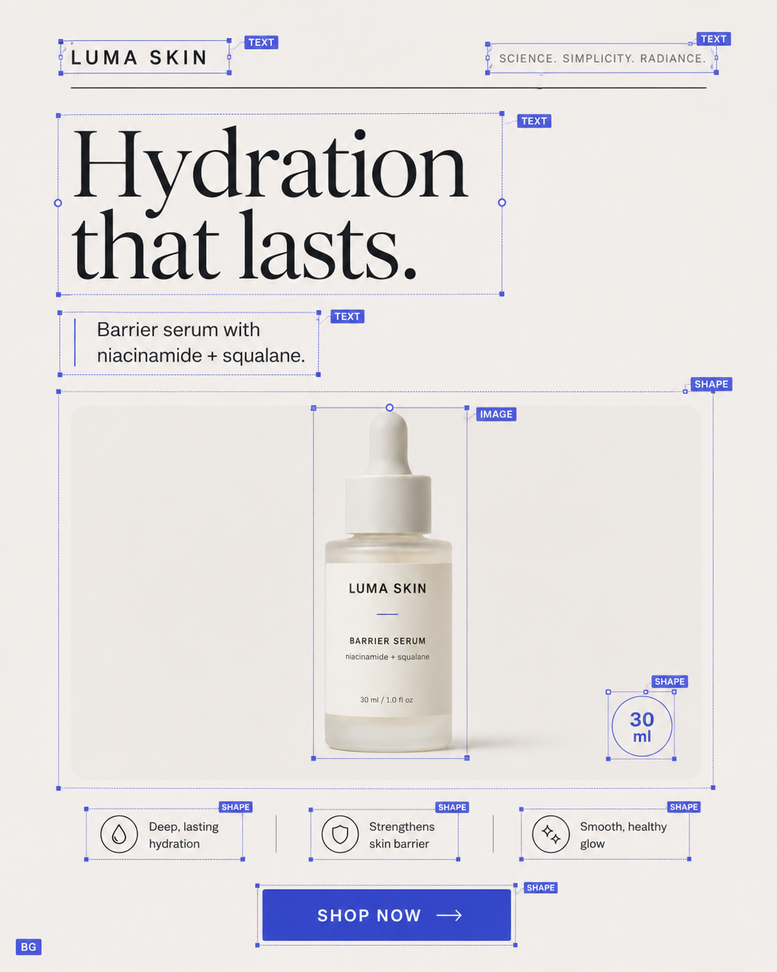 Luma Skin advertisement reconstructed into editable text, image, shape, and background layers